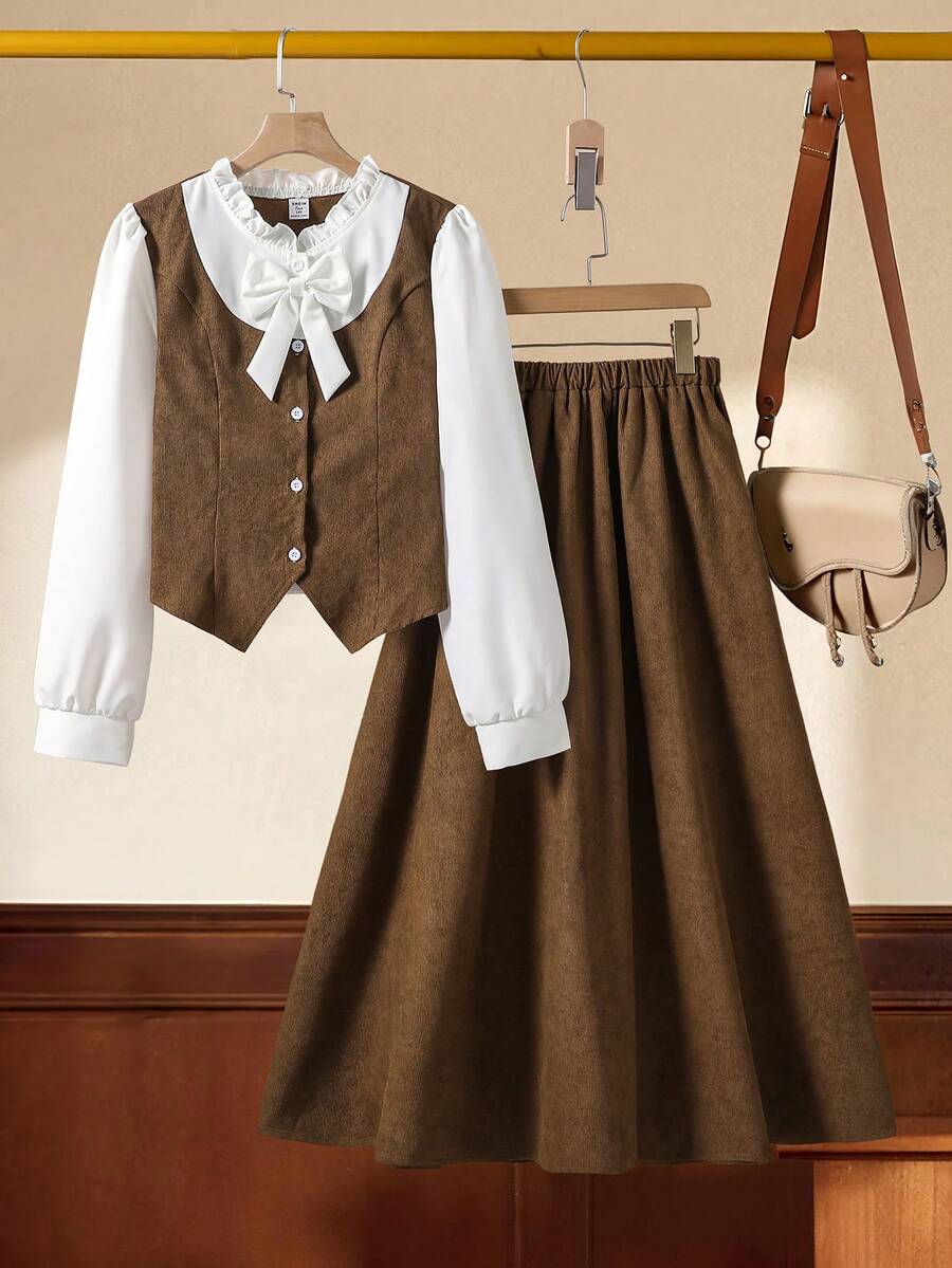 Teen Girl Butterfly Decor Contrast Color Long Sleeve T-Shirt And Solid Color Mini Skirt Vintage Set - Brown - View 1