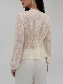 Aloruh Women's Autumn/Winter Sweet Ruffle Flare Sleeve Deep V Neck Embroidered Fitted Tie-Front Blouse - Beige - View 2