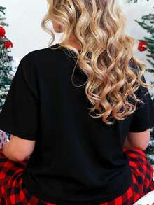 EMERY ROSE Christmas Tree Pattern Casual Minimalist Round Neck Short Sleeve Plus Size T-Shirt - Black - View 2