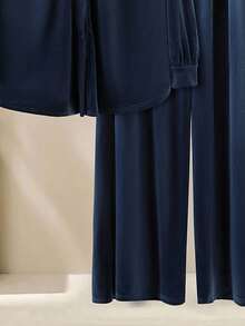 Modelyn 2pcs/Set Plus Size Solid Color Casual Long Sleeve Top And Pants Suit - Blue - View 9