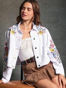 WESTFADE Collared Button Front Western Seamed Patch Pocket Floral Embroidered Denim Jacket Fall, Autumn, WInter, Casual, Cute, Boho - White - View 1