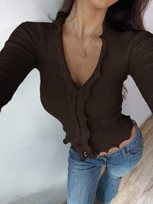 SHEIN Unity White Wavy Ruffle Trim Casual Fitted Women Knit Top - Brown - View 4