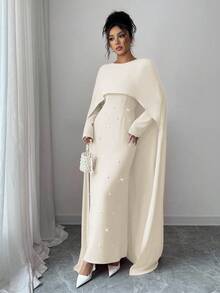 Elenzga Đầm dự tiệc Maxi dài tay dài cổ tròn đính ngọc trai trang trí hình ô dù thu/đông ôm sát eo, thanh lịch và đa năng cho nữ - Màu be - Xem 6