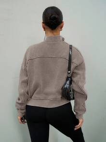 SAYEHFBABY Washed Zip Through Jacket Sweatshirt Tracksuit Seam Detail Back To School Autumn Winter Cosy Fall Christmas Cute Casual Everyday Capsule Wardrobe Y2K Streetwear - Brown - View 2