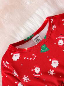 SHEIN Perso Play Conjunto de vacaciones cómodo y casual de manga larga con estampado de copos de nieve y Papá Noel para niña bebé - Burdeos - Ver 4