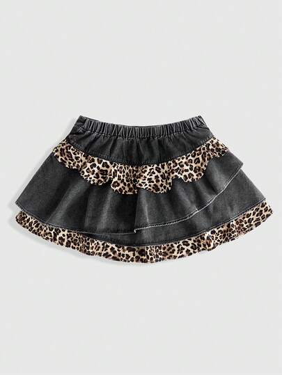 Grunge Punk Plus Size Grunge-Punk Leopard Print Denim Skirt, Vintage Washed Versatile Denim Mini Skirt, Autumn/Winter Plus Size Denim Punk Rock Skirt