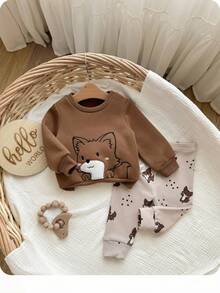 Baby Boy Cute Cartoon Pattern Thermal Lined Long Sleeve Sweatshirt And Pants Set, Versatile For Autumn/Winter - Multicolor - View 1