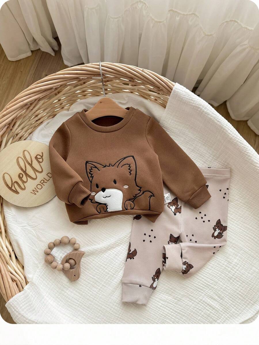 Baby Boy Cute Cartoon Pattern Thermal Lined Long Sleeve Sweatshirt And Pants Set, Versatile For Autumn/Winter - Multicolor - View 1