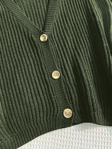 SHEIN EZwear Olive Green Plus Size Women Casual Drop Shoulder Long Sleeve Sweater, Autumn/Winter - Army Green - View 5