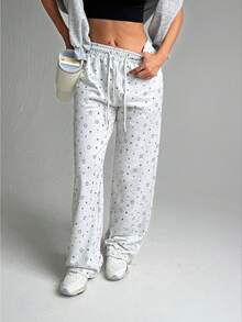 Dewbera Women's Casual Star Print Drawstring Waist Sports Pants Comfy Pants Lounge Pants Star Pattern Pants Wide Leg Sweatpants Star Print Pants - Grey - View 1
