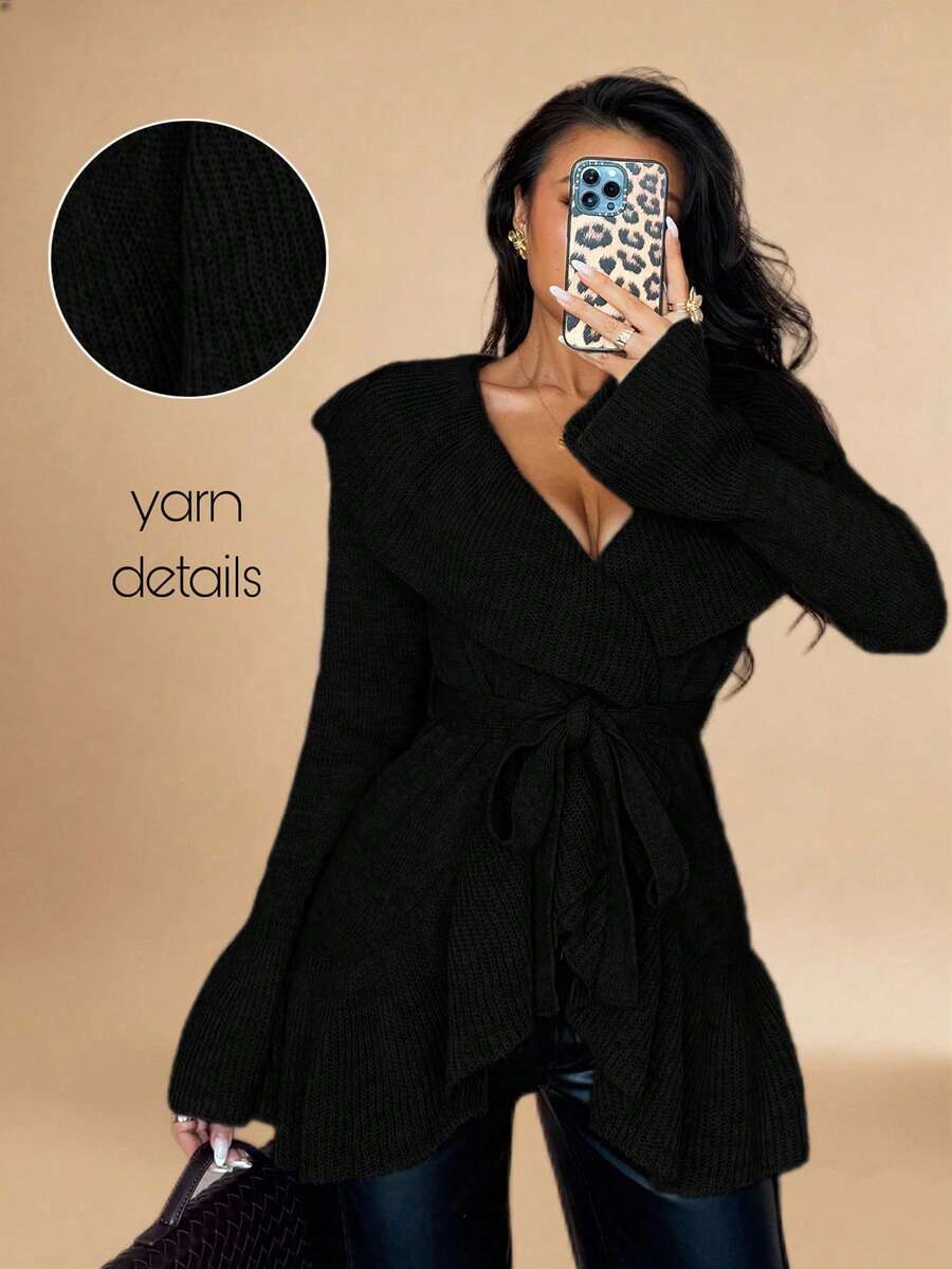 Islaluna Women's Basic Minimalist Elegant French Fashion Romantic Tie-Front Cardigan - Black - View 1