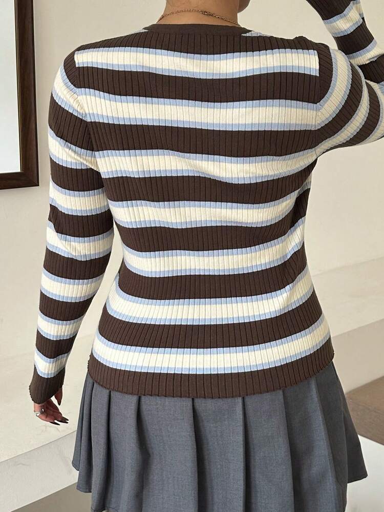 Dazy Plus 2pcs/Set Fashionable Sweater, Contrast Color Block Striped Camisole Layering Loose Cardigan Outerwear, Plus Size Women, Autumn/Winter