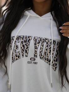 SAYEHFBABY Casual Leopard Print New York Graphic Hooded Loose Fit Thick Fleece Sweatshirt For Women, Suitable For Autumn/Winter,Long Sleeve Tops Back To School Fall And Winter Clothing Hoodie - White - View 3