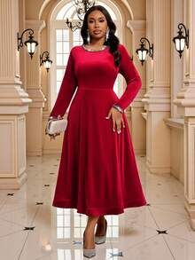 Fleurora Red Autumn Elegant Satin Velvet Party Dress,Women's Plus Size Long Sleeve Scoop Neck Ball Gown Midi Dresses For Wedding Christmas Cocktail Sparkly - Red - View 6