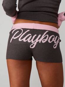 Missguided x Playboy Ribbed Knit Shorts With Pink Contrast Trim Script Logo Loungewear - Grey - View 1