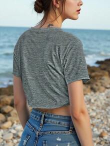 Camiseta para mujer estilo retro urbano estampado 90's Baby tela brillante oversize fit cuello redondo manga corta primavera/verano uso diario crop top - Gris Oscuro - Ver 2
