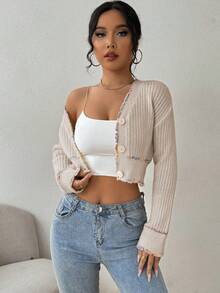 Chiquease Women's Elegant Contrast Trim Button Front Ribbed Knit Cardigan Sweater - Beige - View 6