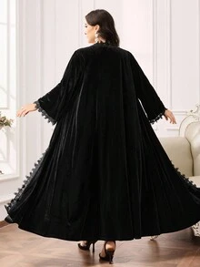 Al Najma 大码女式休闲宽松长袍，长袖阿拉伯风格长袍 - 黑色 - 查看 2