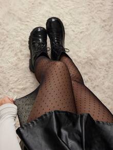 Enliva Plus Size Women's Valentines Lace Black Heart Dot Print Mesh See-Through Tights, Casual Everyday Wear, Spring Summer Winter, For Apple Rounded Body Shape/Valentine's Day - Black - View 1