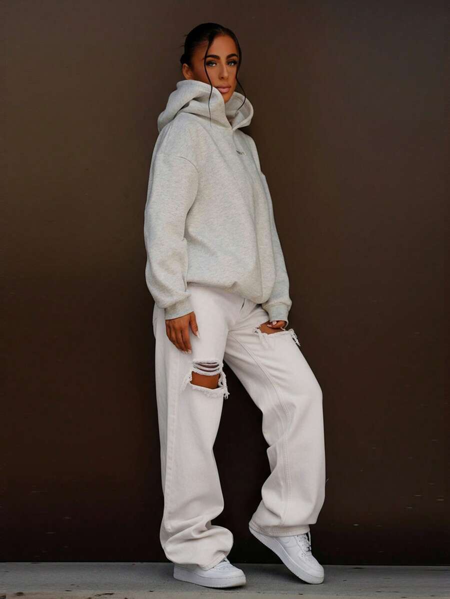 SAYEHFBABY 休闲百搭纯色破洞直筒牛仔裤 - 白色 - 查看 1