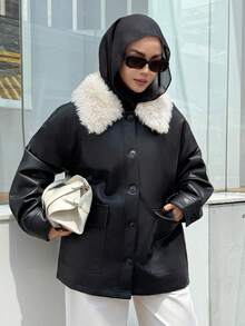 DAZY 女士秋冬仿羊羔绒领单排扣夹克，PU皮革工装绗缝外套，简约时尚 - 黑色 - 查看 4