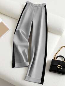 Franclia 女士宽松优雅阔腿裤，黑米色撞色设计，秋季款 - 灰色 - 查看 2