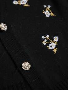 Revavyn 女士花卉刺绣长袖针织开衫和无袖针织上衣休闲两件套，秋冬款 - 黑色 - 查看 7