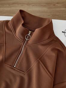 Almamuse Plus Size Women Casual Zip-Up Stand Collar Solid Color Sweatshirt, Autumn - Khaki - View 4