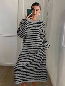 DAZY 黑白条纹宽松长袖圆领休闲街头风女式长款毛衣连衣裙，秋季款 - 灰色 - 查看 3