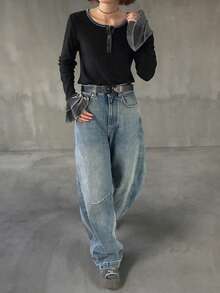 FRIFUL Femmes Contraste Couleur Poignet Cloche Manches Design Col Rond Bouton Lâche Décontracté Polyvalent T-Shirt, Automne/Hiver Manches Longues Femmes - Noir - Voir 2