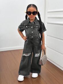 SHEIN 年轻女孩蓝色牛仔破洞衬衫式连体裤，酷炫街头造型 - 黑色 - 查看 4