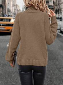 EMERY ROSE Women's Solid Color Turtleneck Raglan Sleeve Casual Loose Pullover Sweater, Autumn/Winter - Coffee Brown - View 2