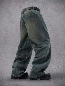 Manfinity Denimwave Quần jeans ống rộng Manfinity Streetstyle dáng rộng có túi rách phong cách Punk Punk Y2K màu xanh dương giặt axit dành cho nam - Rửa trung bình - Xem 2