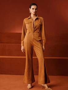 Anewsta Women's Fall/Winter Long Sleeve Cardigan & Suede-Like Utility Shirt, Flared Pants 2 Pieces Set, Versatile, Elegant, Chic, Stylish, Business Casual - Camel - View 7