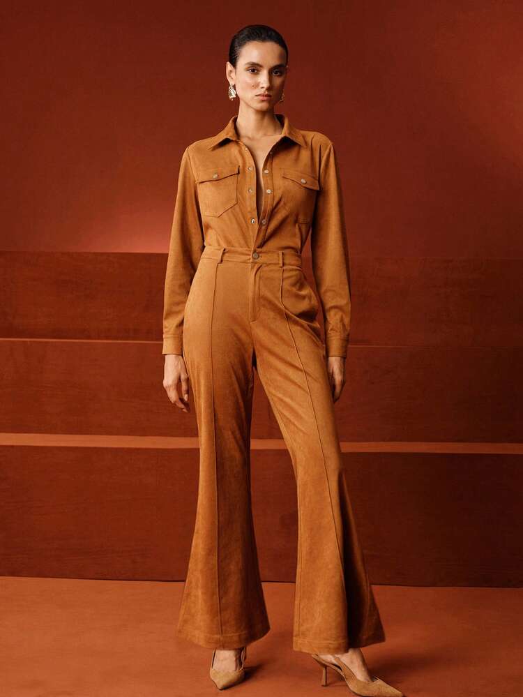 Women's Fall/Winter Long Sleeve Cardigan & Suede-Like Utility Shirt, Flared Pants 2 Pieces Set, Versatile, Elegant, Chic, Stylish, Business Casual