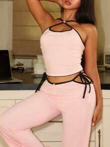 EasyFave Set di canottiera e pantaloni rosa baby Lowkey Lull, con orlo a contrasto ondulato e sexy, pigiama da donna casual e comodo per l'autunno - Rosa - Visualizzare 5
