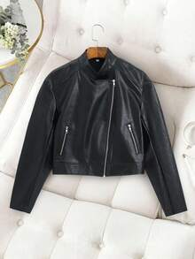 SHEIN Glamour Women's Black PU Faux Leather Jacket,Autumn Chic Classy Casual Regular Crop Jacket For Women,Party Night Leather Jacket - Black - View 8