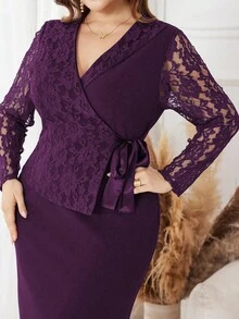 Lacomfia Đầm đi làm hàng ngày thanh lịch, cổ bẻ bất đối xứng, nơ thắt ren cỡ lớn cho nữ - Màu tím - Xem 4