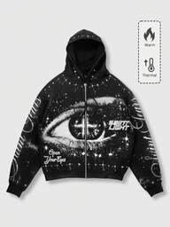 ROMWE MEN Street Life Men's Letter & Eye Print Zip-Up Hoodie With Thermal Lined, Autumn/Winter