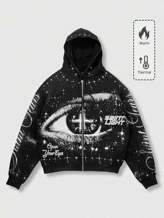 Street Life sweat-shirt à capuche zippé pour hommes avec imprimé lettres et œil, doublé thermique, automne/hiver