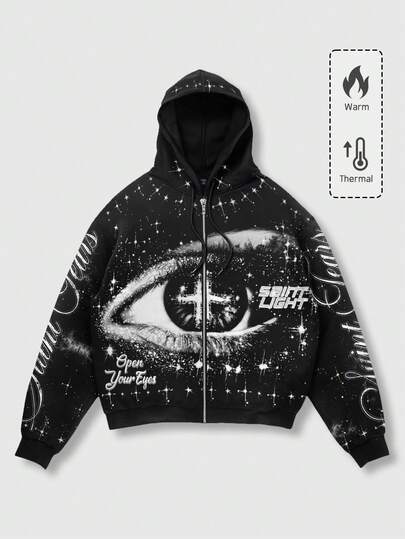 ROMWE MEN Street Life Men's Letter & Eye Print Zip-Up Hoodie With Thermal Lined, Autumn/Winter