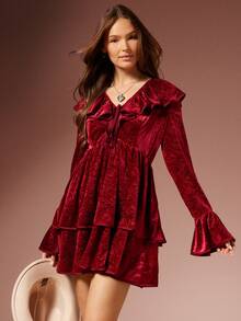 WESTFADE Robe mini évasée à manches longues avec volants superposés, col en V en velours gaufré avec nœud papillon. Idéale pour l'automne, l'hiver, les fêtes, Noël, le Nouvel An. Élégante, bohème, décontractée, mignonne, style western. - Rouge - Voir 2