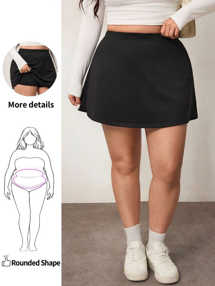 Enliva Plus Size Women's Solid Color Basic Black A-Line Casual Short Skirt, Friendly To Round Body Curves, Winter, For Apple Rounded Body Shape