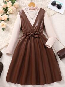 SHEIN 2pcs/Set Casual Commuting Outfit For Teens: PU Bow Skirt & Ribbed Knit Bodycon Dress - Coffee Brown - View 9