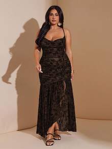 SHEIN BAE Plus Size Women Slit Ruched Draped Neck Sleeveless Mid-Length Dress, Early Autumn Winter - Coffee Brown - View 4