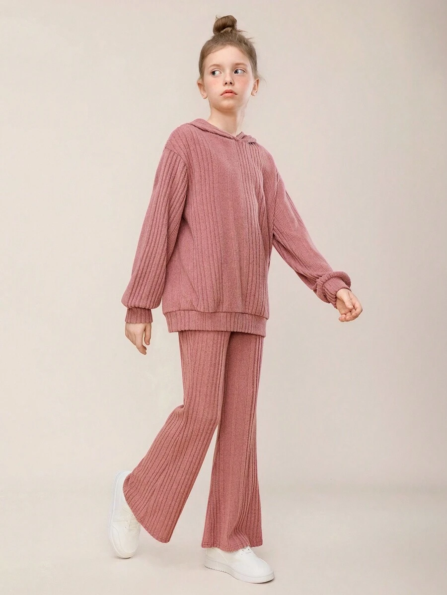2pcs Tween Girl Casual Everyday Comfy Loose Fit Hoodie Sweatshirt And Wide Leg Knit Pants Set - Dusty Pink - View 1