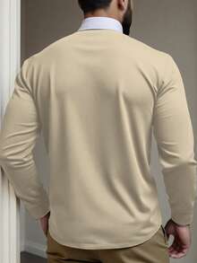Manfinity Homme Men's Plus Size Contrast Trim Embroidered Long Sleeve Polo Shirt,Beige Autumn Casual Golf Rugby Shirts With Collar For Men - Beige - View 2