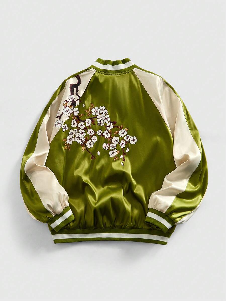 ROMWE MEN Anime Men's Contrast Color Patchwork Floral Print Baseball Long Sleeve Jacket - Green - View 1