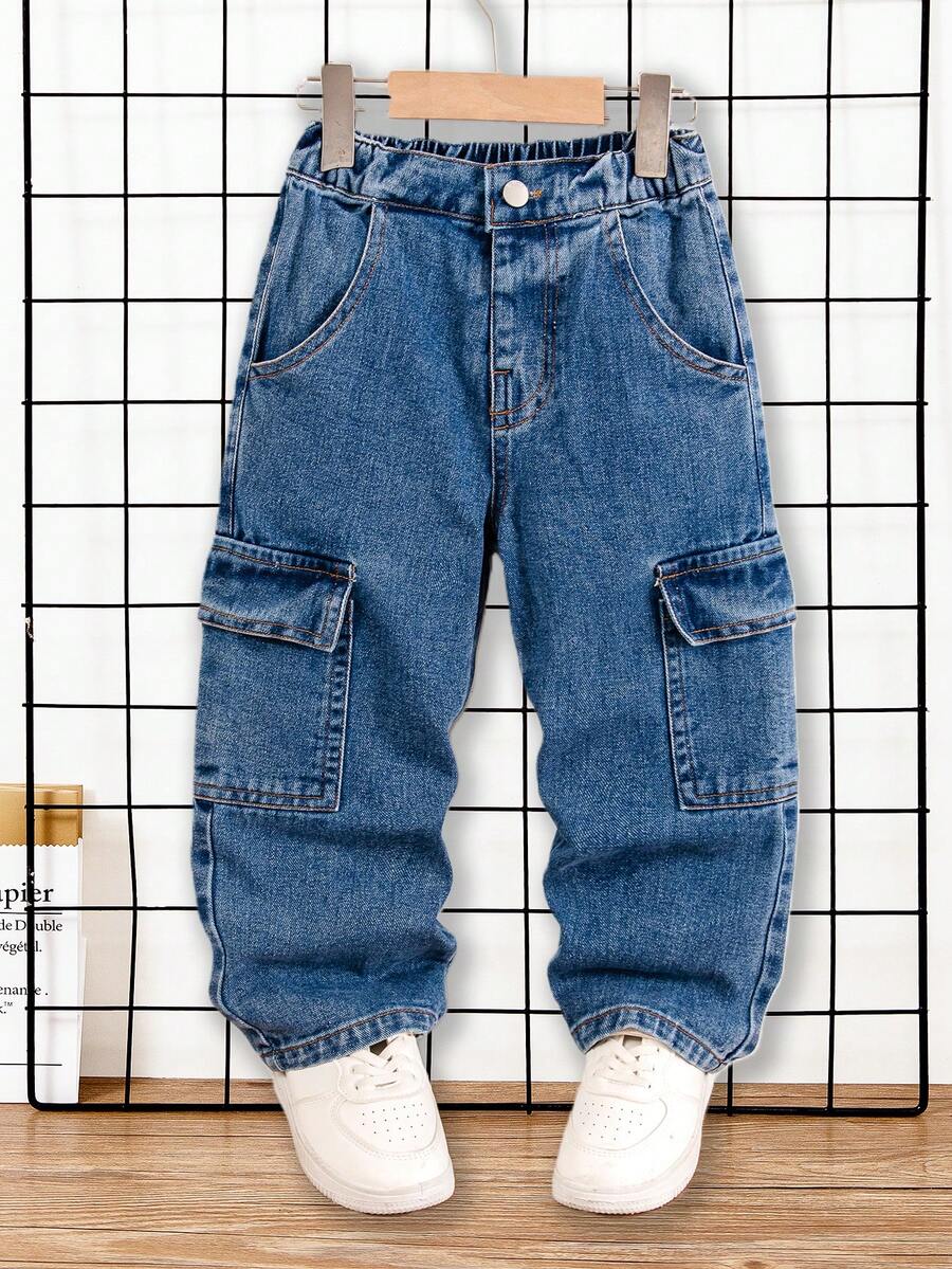 Genkimix Kids Young BoyCasual Loose Fit Straight Leg Contrast Stitching Cargo Jeans - Dark Wash - View 1