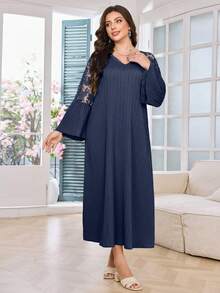 Modelyn Plus Size V-Neck Lace Patchwork Ruffle Hem Loose Long Sleeve Casual Dress, Spring/Summer - Navy Blue - View 5
